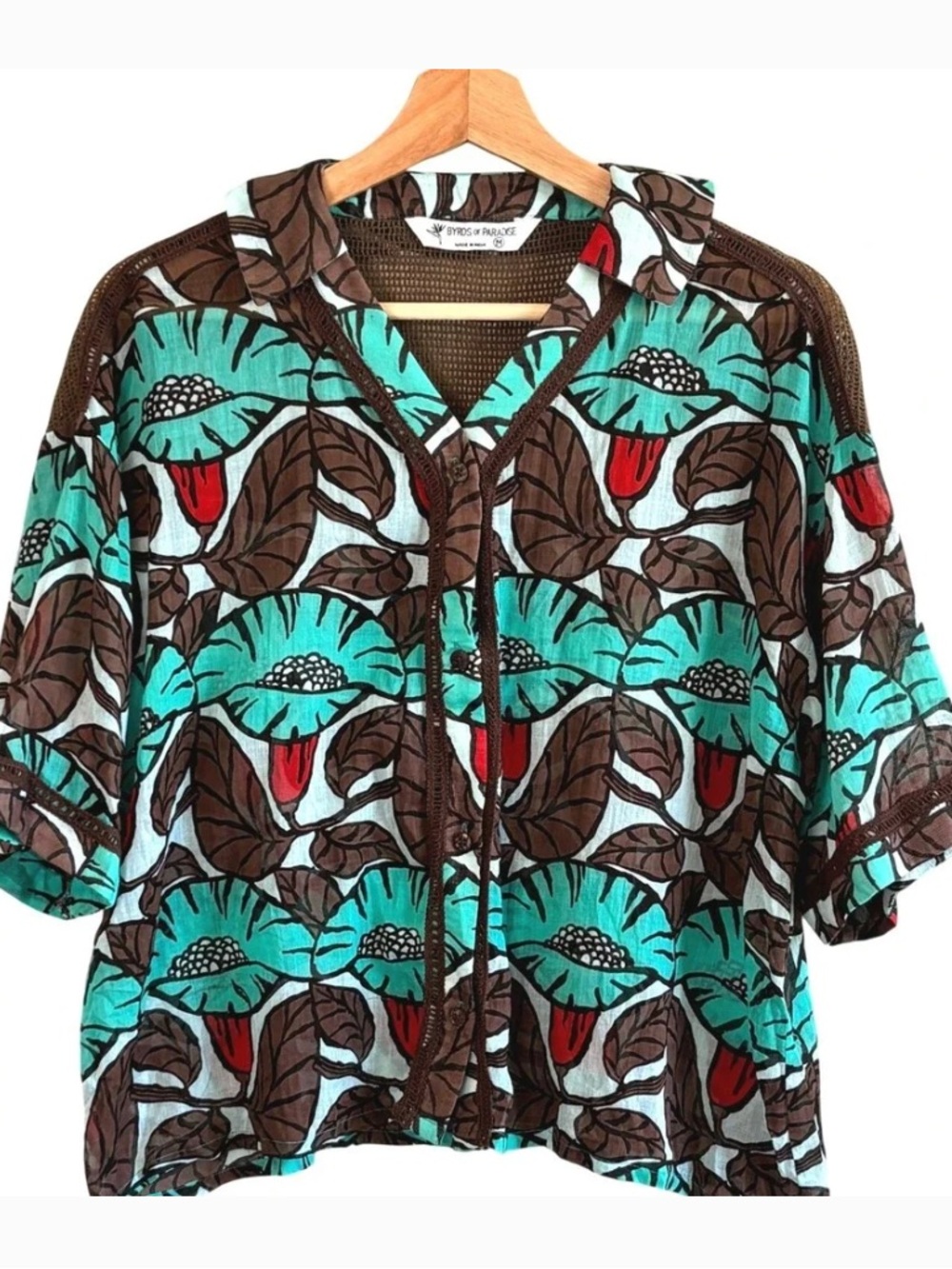 Bundle 2/$30! Women’s Tropical Floral Gauze Button-Front Blouse Teal Brown M